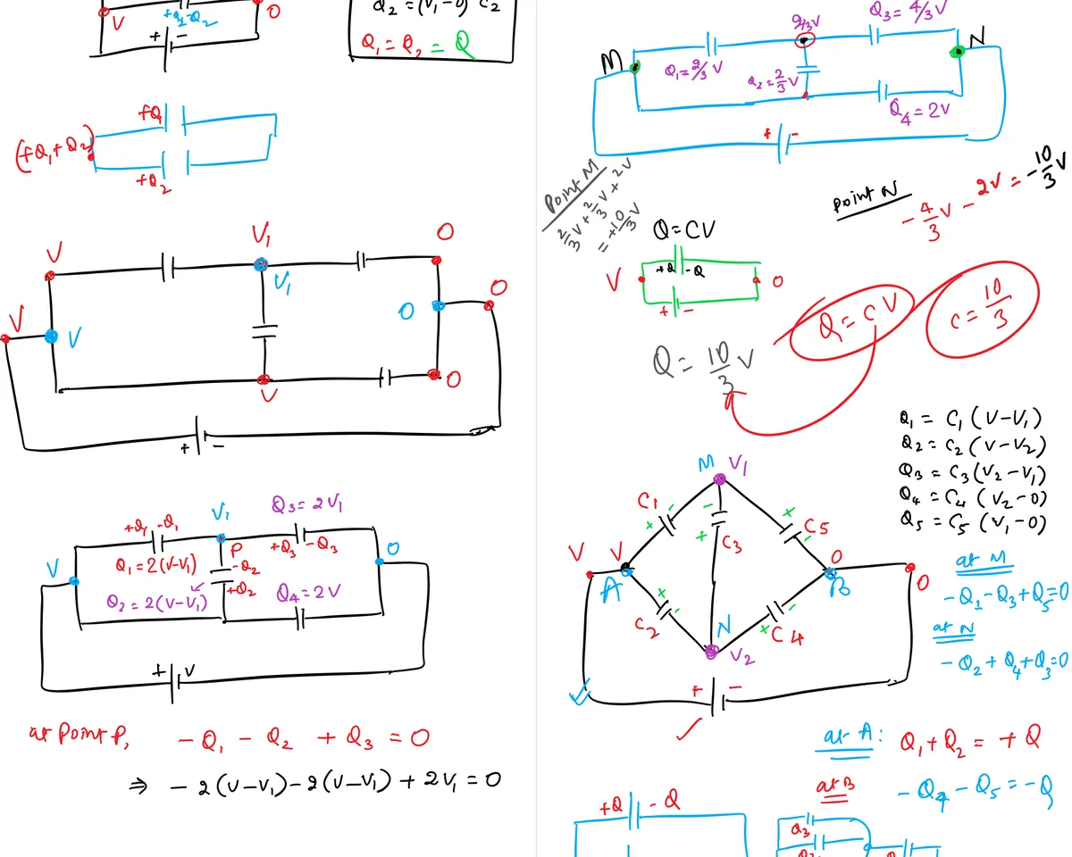 A capacitor network solved by hand on a class whiteboard, each final answer boxed