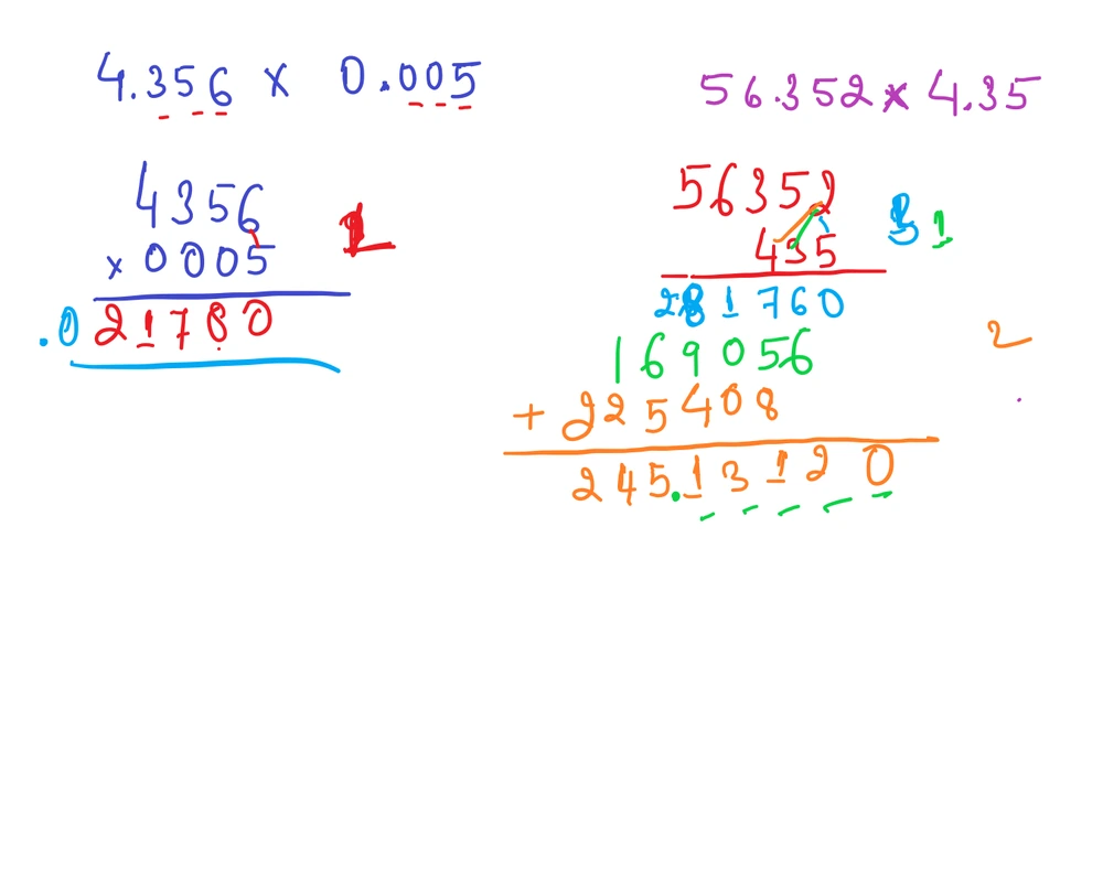Decimal multiplication worked on a class whiteboard with every column and carry colour-coded
