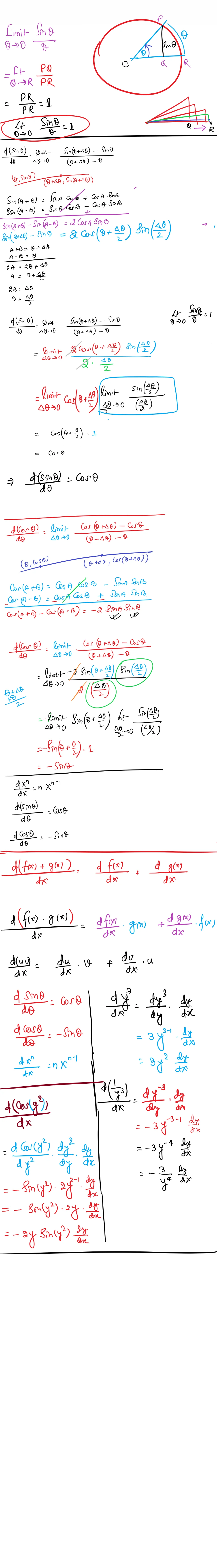 Hand-written lesson notes deriving calculus of sine and cosine
