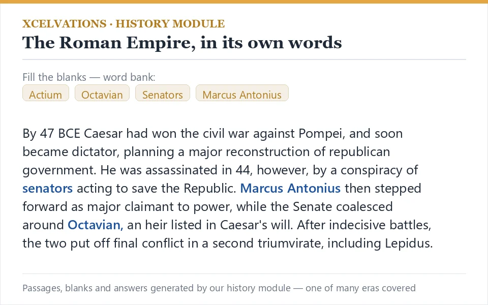 A Roman Empire fill-in-the-blanks exercise generated by the Xcelvations history module
