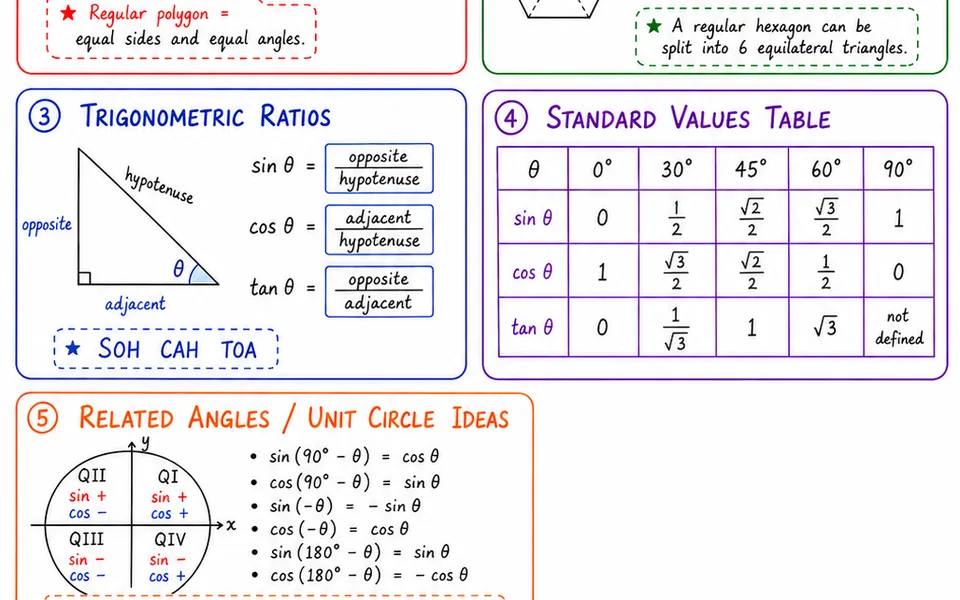 Class notes on trigonometric ratios, standard values and unit-circle identities
