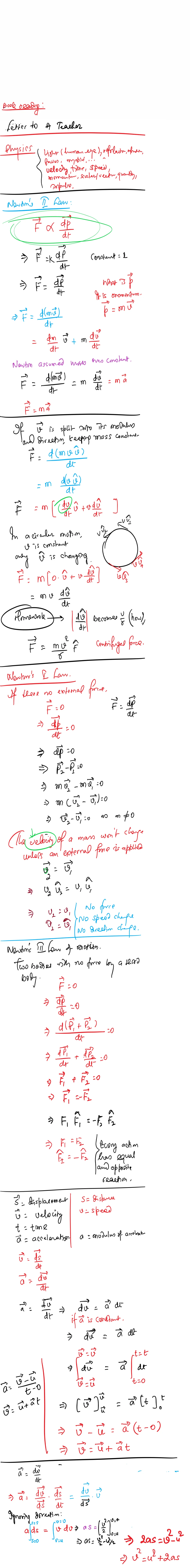 Hand-written lesson notes on Newton's laws of motion