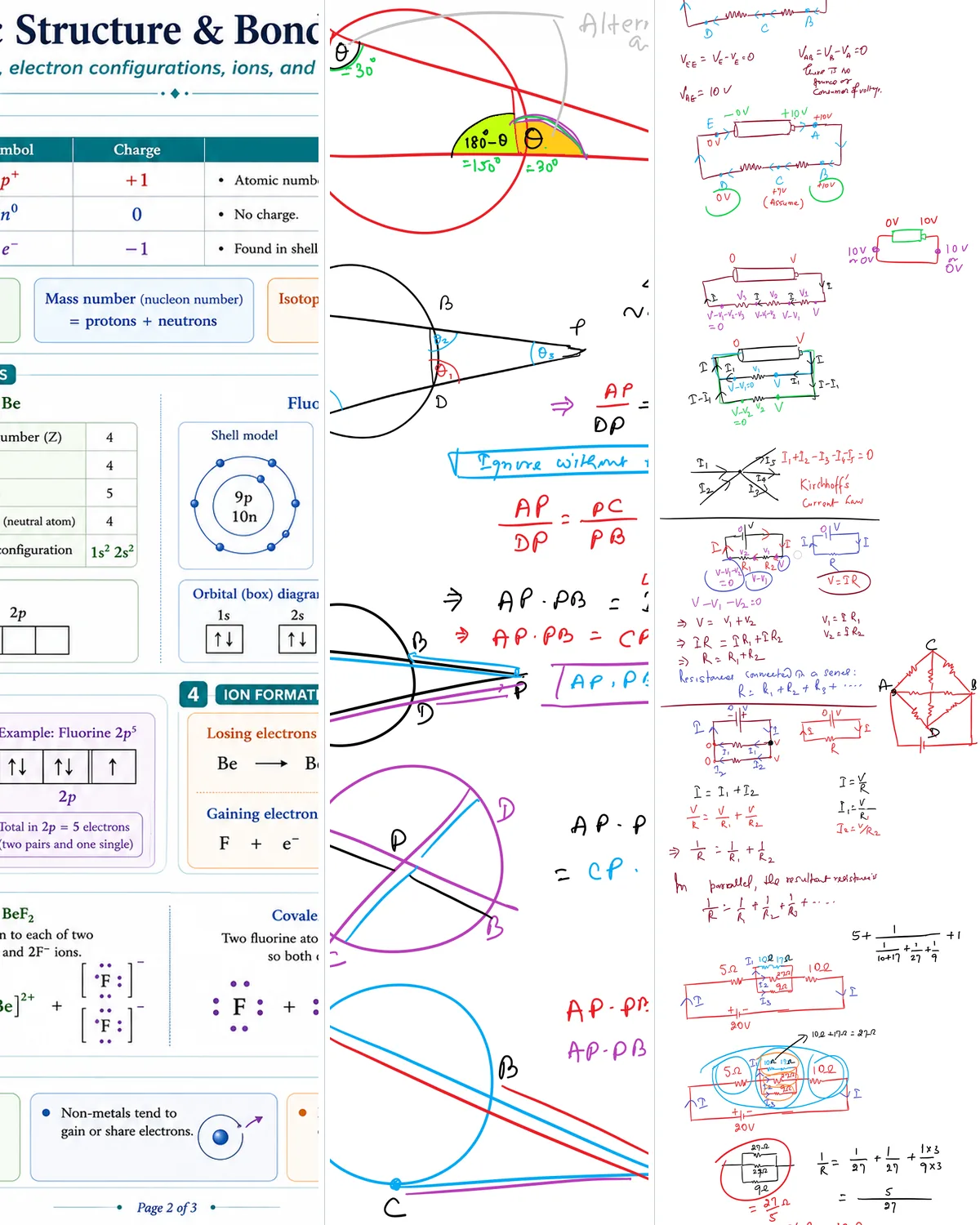 Real lesson notes: atomic bonding, circle geometry and an LCR circuit side by side