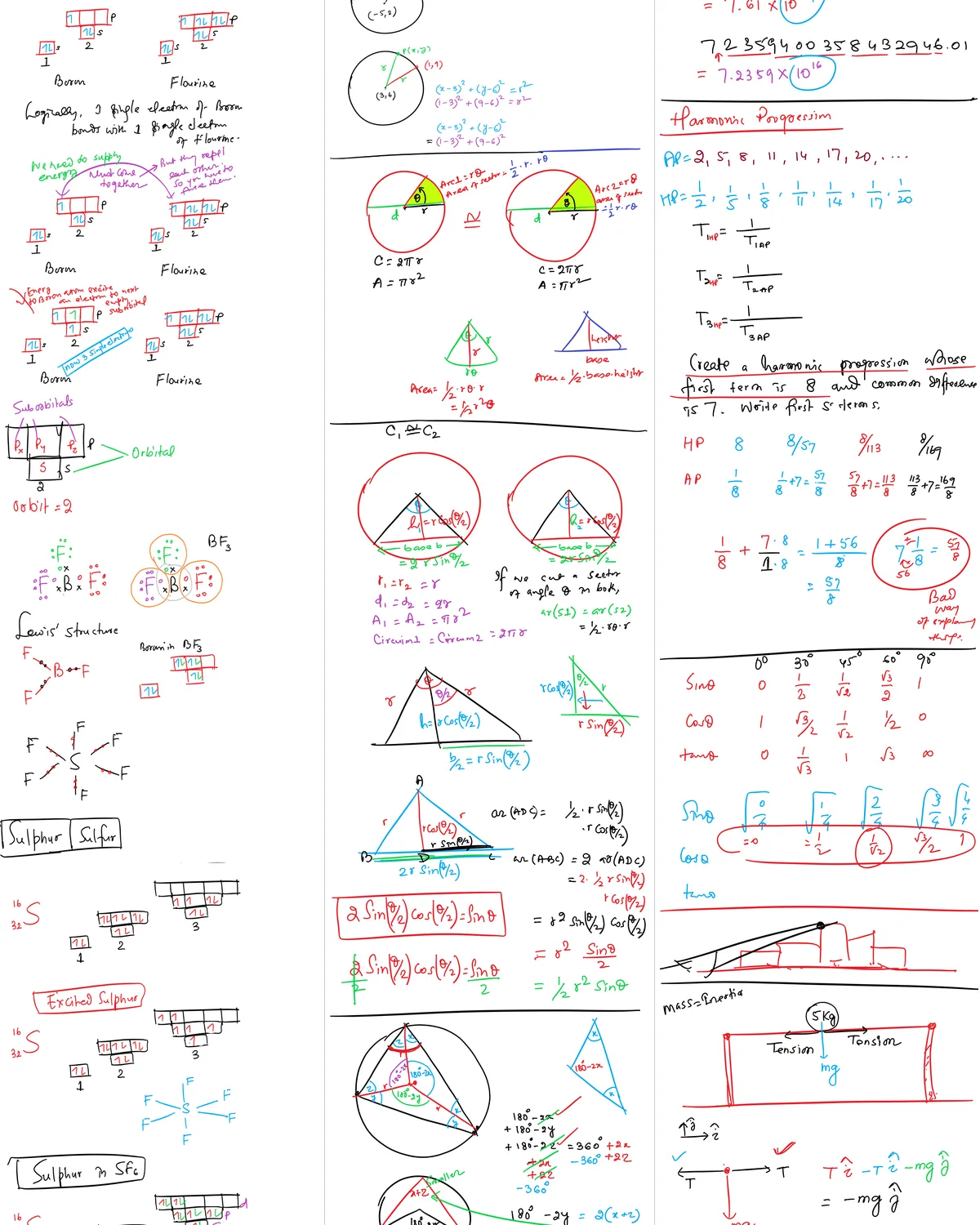Real lesson notes linking chemical bonding, circle geometry and unbalanced forces