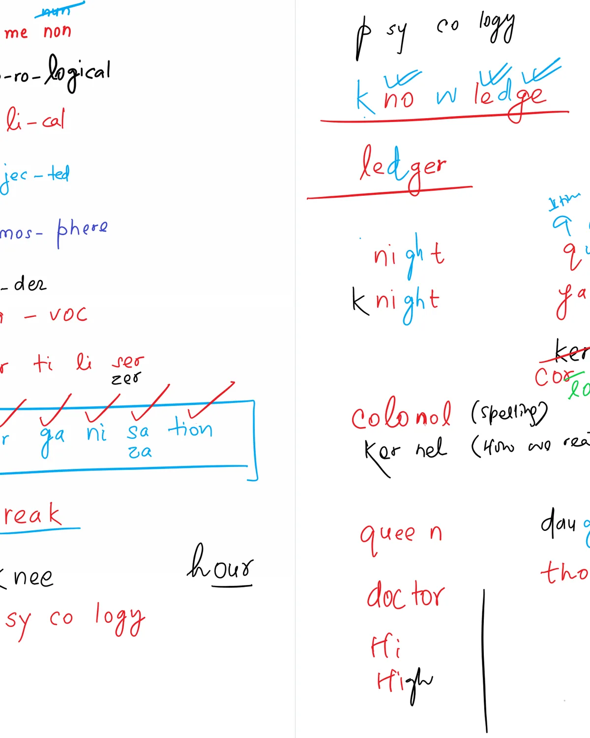 An English lesson note breaking words into syllables and spelling patterns