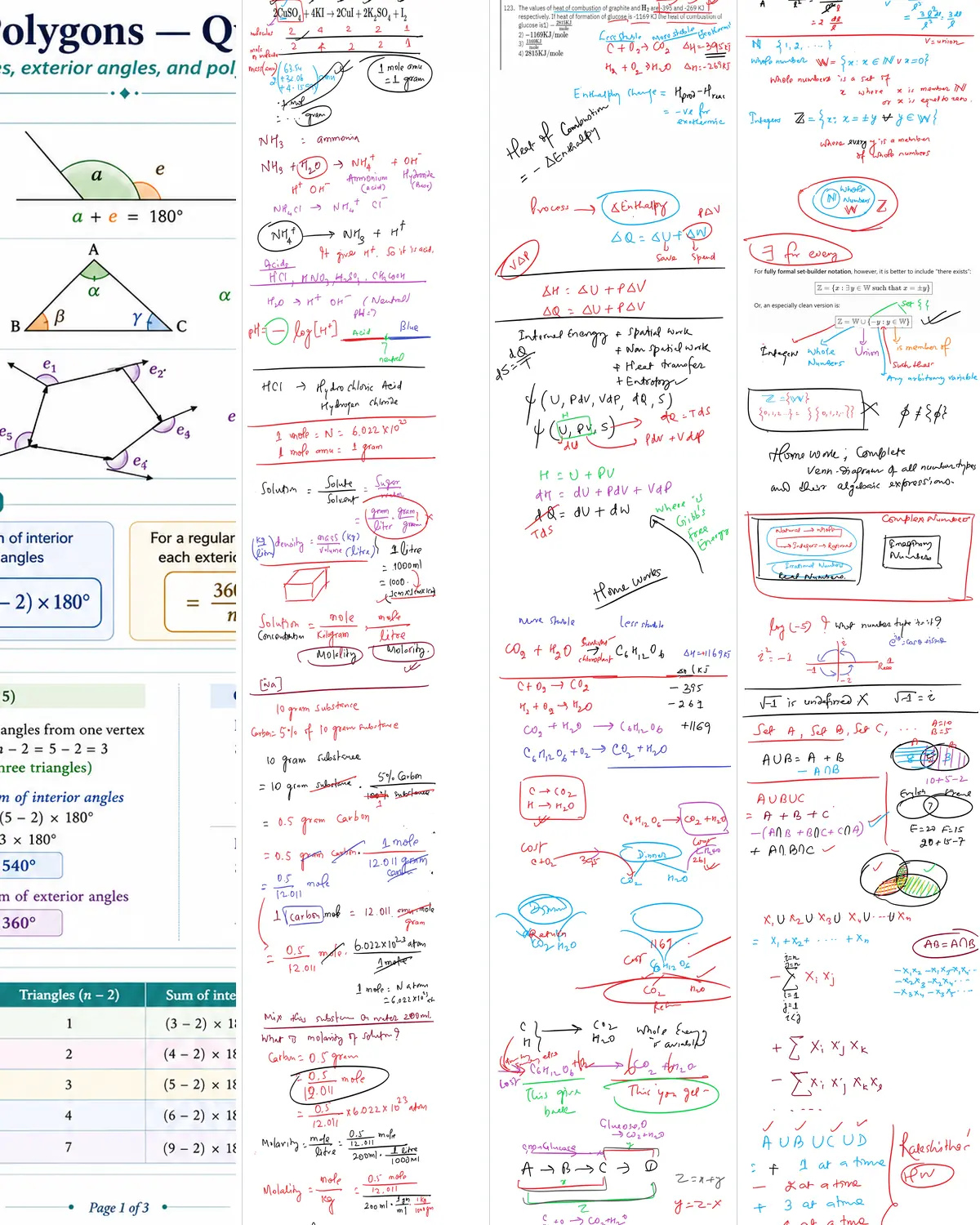 A month of real lesson notes: polygon formulas, stoichiometry, combustion and set theory