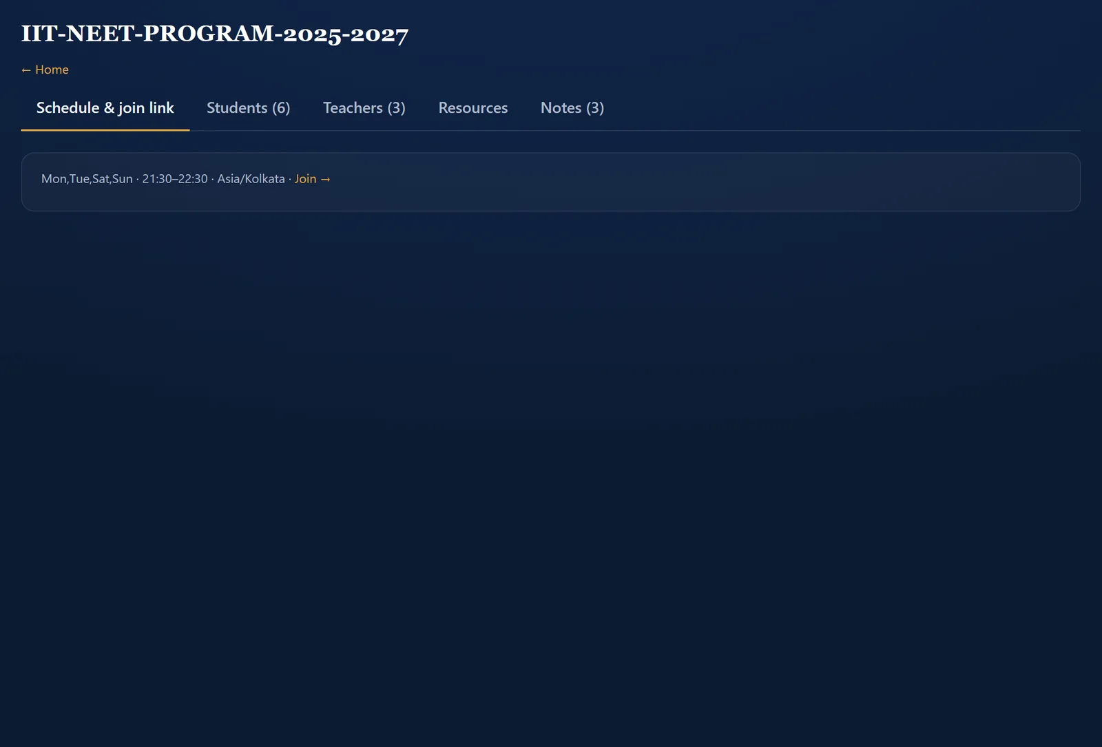 A class page on the Xcelvations platform showing the schedule and Join link