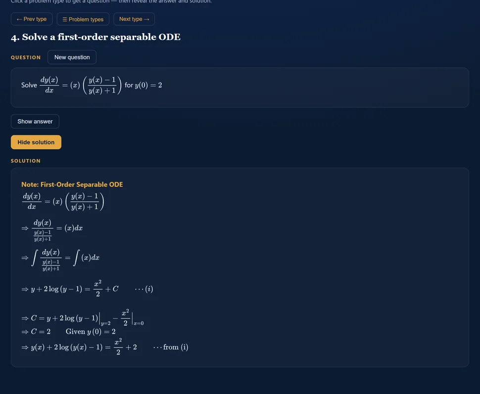 A freshly generated differential equation with its worked solution on the Xcelvations platform