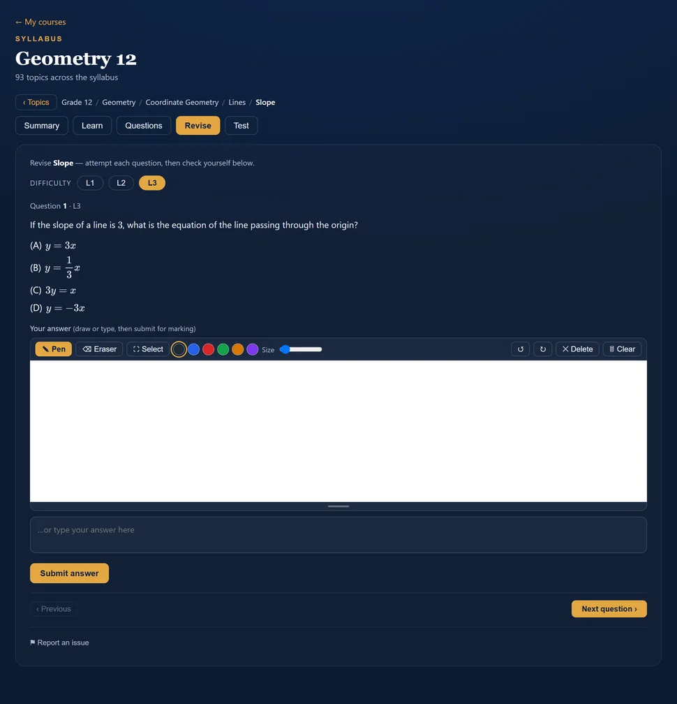 Revise mode on the Xcelvations platform: a generated question with difficulty levels and a handwriting canvas